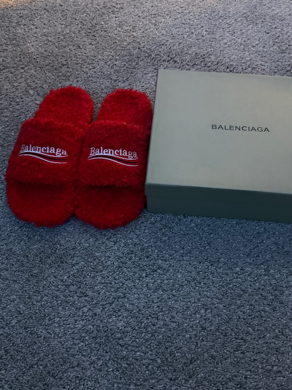 Balenciaga Red Fuzzy Logo Slide Slippers